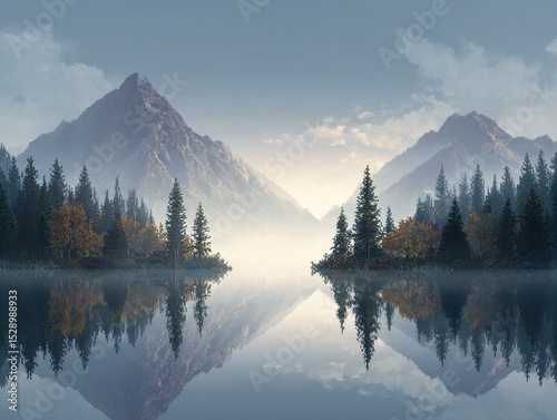 Serene Landscape Reflection with Majestic Mountains and Lush Pine Forests at Dawn