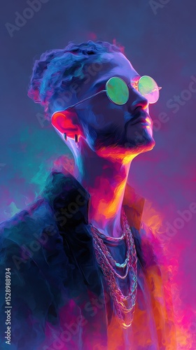 Vibrant Synthwave Portrait with Neon Lights and an Advocate of Bold Fashion