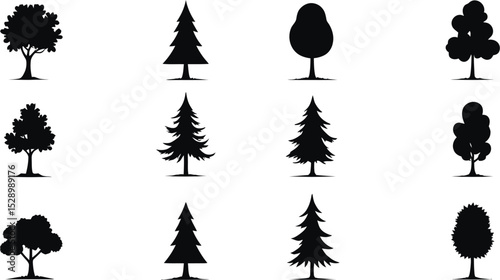 Silhouette Collection of Diverse Tree Varieties on a White Background for Graphic Design.