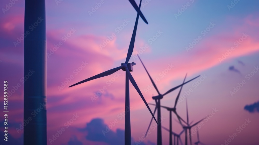 Fototapeta premium Silhouetted wind turbines at sunset, vibrant pink and purple sky