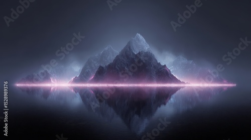 Grunge Style Mountain Landscape with Neon Lights Reflected in Calm Water Surface