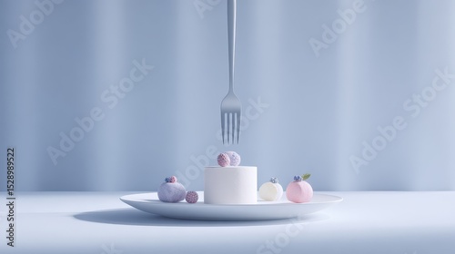 Minimalist Food Art Display with Fork and Colorful Sweet Treats on White Plate
