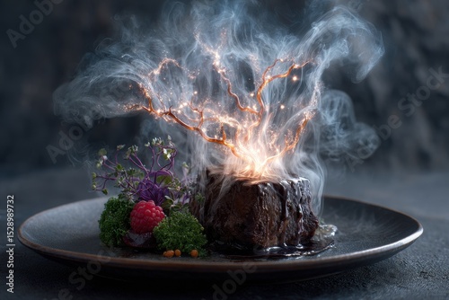 Stunning Fantasy Food Art with Electric Elements and Colorful Garnishes on Dark Plate
