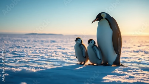 A majestic emperor penguin stands tall with two fluffy chicks on a snowy field.