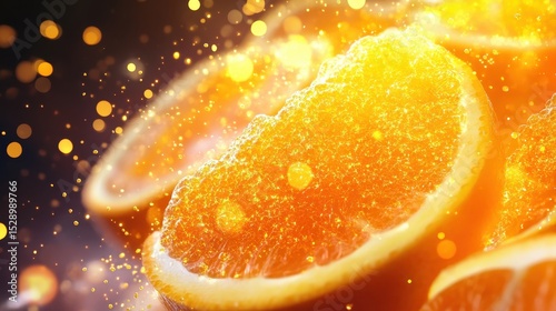 bright orange fruits emitting glowing vitamin c particles, flowing into bloodstream, energizing immune system, digestive and circulatory systems subtly illustrated