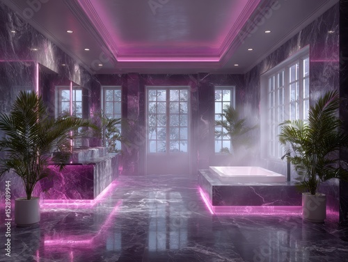 Stunning 3D Render of Luxurious Interior Design with Neon Lights in Modern Bathroom Space