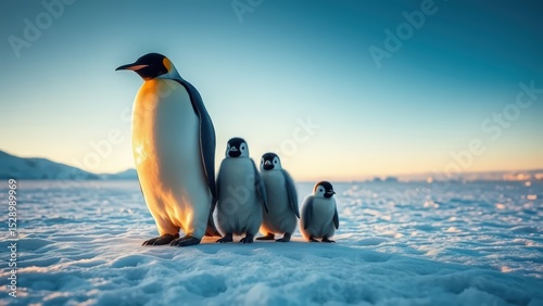 A majestic emperor penguin stands tall with two fluffy chicks on a snowy field.