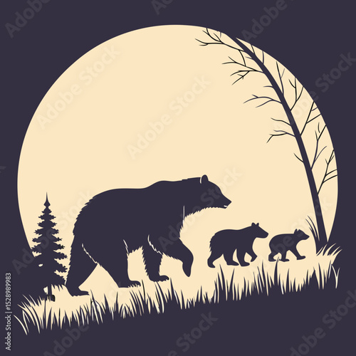 Silhouette of a Mother Bear and Cubs Under a Full Moon in a Forest