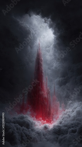 Digital Art of Majestic Red Tower Amidst Dark Clouds in an Immersive Landscape