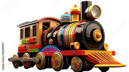 A colorful toy train with a black background in a studio shot setting