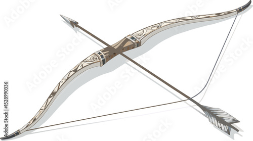 Sleek vector illustration of a traditional archery bow with an arrow nocked and ready to shoot elegant curves and subtle shading, isolated on a clean white background.
