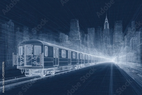Subway Train in Blueprint Style Cityscape Scene with Urban Elements and Dynamic Lines