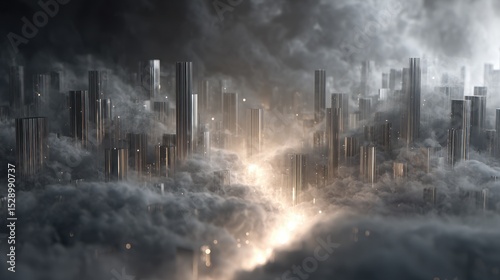 Surreal Cityscape with Dramatic Lighting and Cloudy Atmosphere in a Highly Imaginative Setting