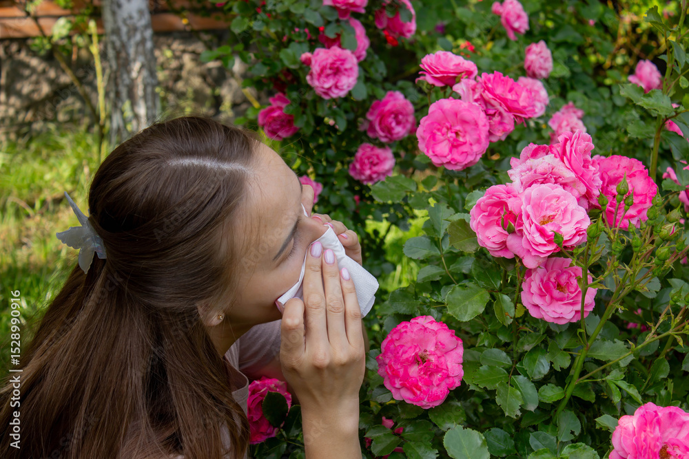 Fototapeta premium Allergy to flowers. Woman in the garden with a napkin allergy. Selective focus