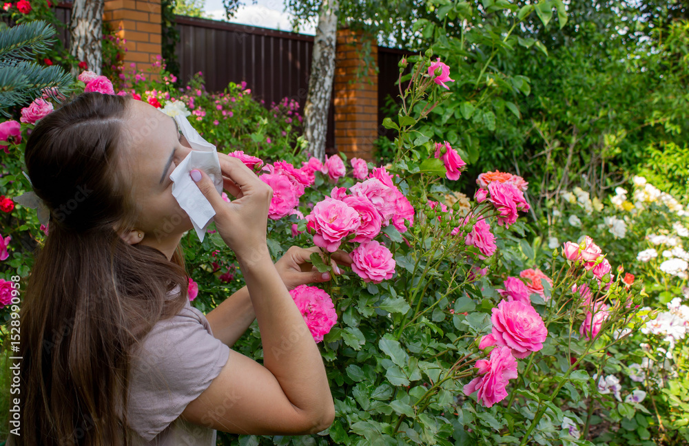 Allergy to flowers. Woman in the garden with a napkin allergy. Selective focus Allergy to flowers. Woman in the garden with a napkin allergy. Selective focus