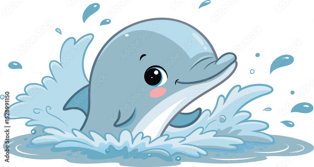 Obraz premium Playful Baby Dolphin Face with Wink and Water Splash Cute Kawaii Sea Animal Vector on White Background.