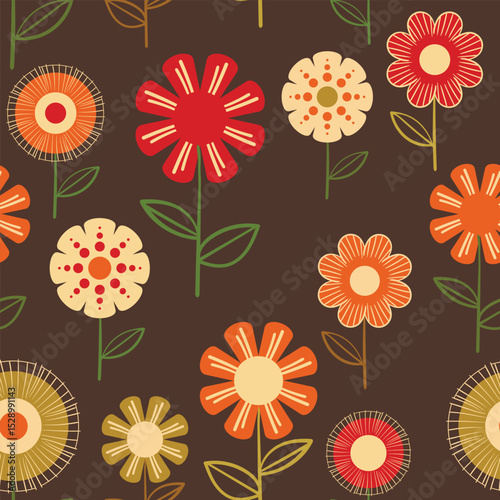 Seamless floral pattern based on traditional folk art ornaments. Colorful flowers on color background. Scandinavian style. Sweden nordic style. Vector illustration. Simple minimalistic pattern.