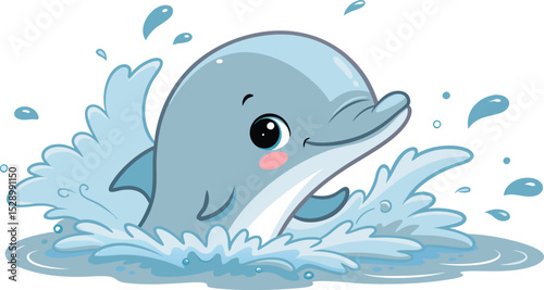 Playful Baby Dolphin Face with Wink and Water Splash Cute Kawaii Sea Animal Vector on White Background.