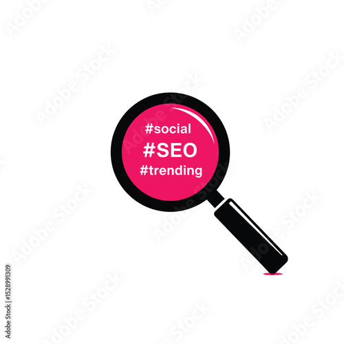 Magnifying glass with social media seo and trending hashtags