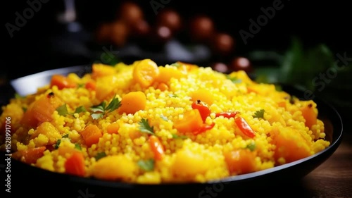 Couscous corn porridge with vegetables, a delicious dish on a wooden backdrop