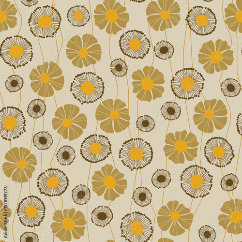 Seamless floral pattern based on traditional folk art ornaments. Colorful flowers on color background. Scandinavian style. Sweden nordic style. Vector illustration. Simple minimalistic pattern.