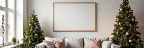Empty frame mock-up on wall, beside sofa & decorated Christmas tree , illustration, living room