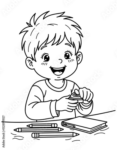 Young boy sharpening colored pencils while smiling at a table  