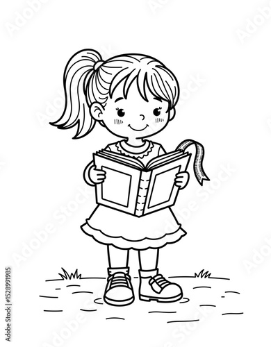 Young girl reading a book outdoors, concept of Back to School - coloring page for kids 5 - 8 years old  