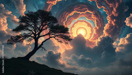 Dramatic mountain sunset landscape with fiery cloudy sky