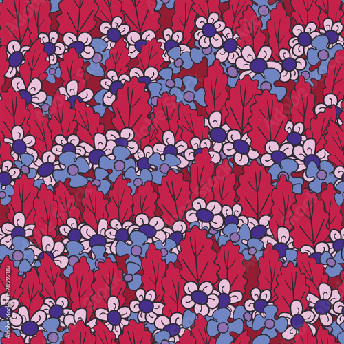 Seamless floral pattern based on traditional folk art ornaments. Colorful flowers on color background. Scandinavian style. Sweden nordic style. Vector illustration. Simple minimalistic pattern.