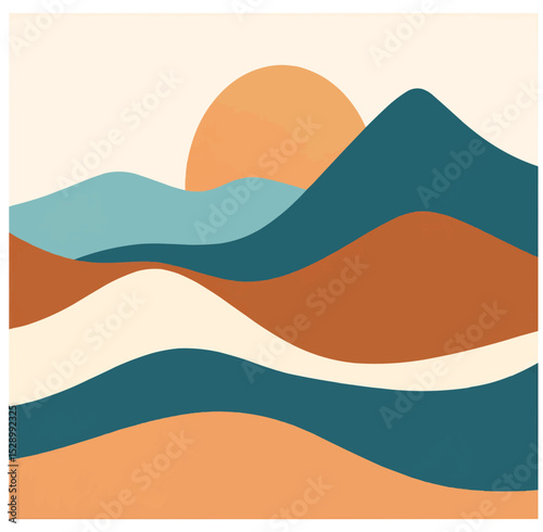 Abstract landscape with sun rising over layered mountains and rolling hills design 