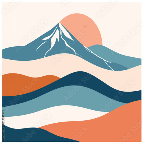 Abstract landscape with mountain peak and rising sun in a minimalist style design