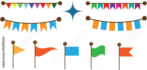 colorful festive banner and flag illustrations isolated on white background.