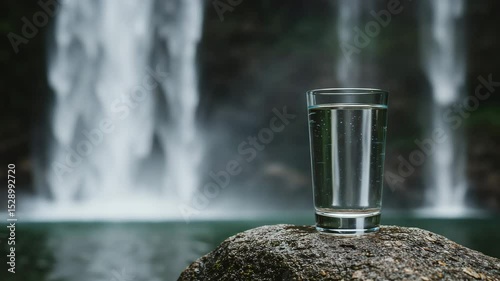 Glass of water on rock near waterfall in tranquil nature setting  
