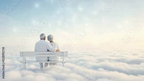 Elderly couple sitting together on a bench in the clouds