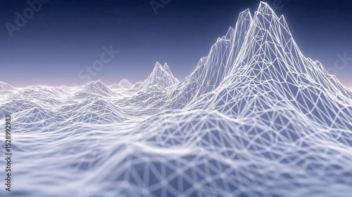 Abstract 3D wireframe mountains against a dark blue gradient background  