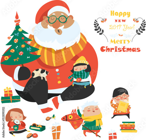 Wallpaper Mural Cartoon Santa with kids. Vector greeting card Torontodigital.ca