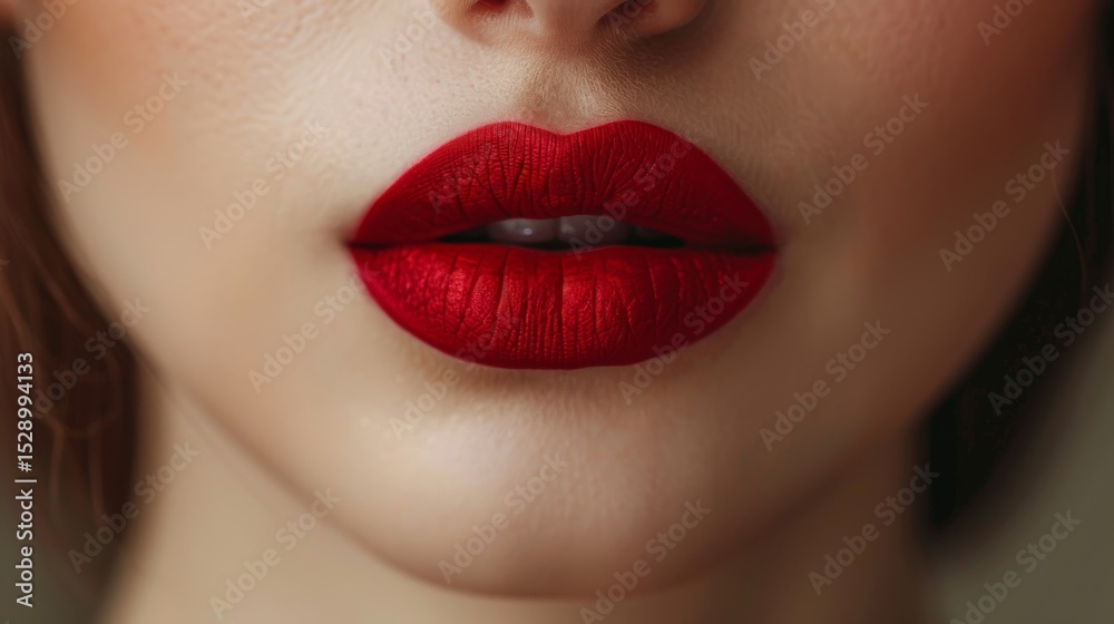 Obraz premium This striking close-up image highlights a pair of beautifully contrasted red lips, showcasing the glossy texture and richness of the color, perfect for evoking beauty.