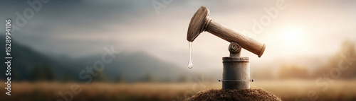 Rustic oil well pump dripping oil in serene countryside landscape at sunset, evoking tranquility and nostalgia