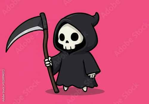 Cartoon grim reaper with scythe on pink background