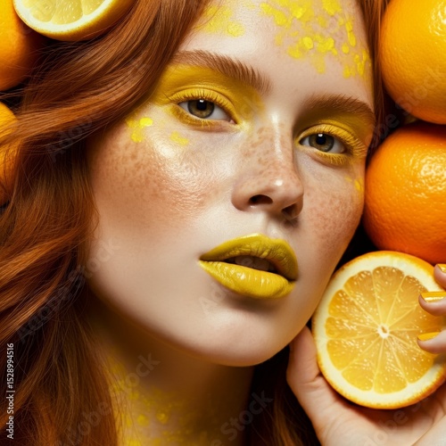 Bold expression of citrus-inspired beauty with vibrant yellow tones and fresh fruits in the background Generative AI
