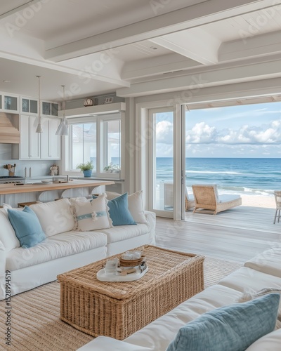 Coastal beach house living room with light furniture, sea-inspired colors, natural textures like rattan, open floor plan with ocean view