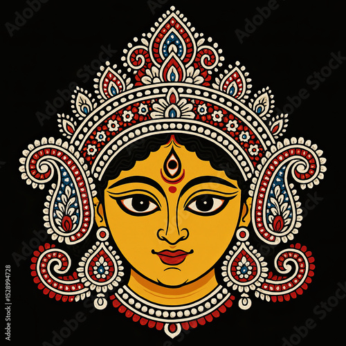 Artistic illustration of goddess durga with traditional indian religious decorative elements photo