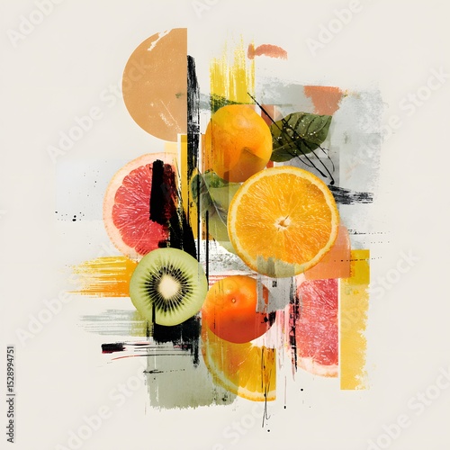 Abstract fruit composition: orange, grapefruit, kiwi. Modern art, healthy food concept. © DesignStorez