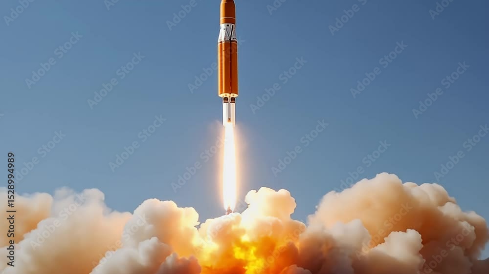 Orange Rocket Launching Into Blue Sky With White Smoke and Fire Dramatic Upward Movement