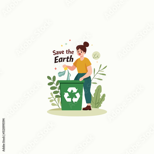 Girl Standing Next to Recycle Bin with Save Earth Sign – Flat Vector