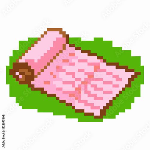 pixel art picnic blanket on green grass, retro 8 bit outdoor illustration