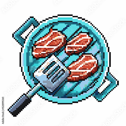 Pixel art frying pan with steaks retro cooking and kitchen tool, grilled meat concept