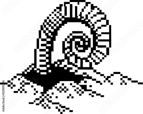pixel art spiral shell emerging from sand retro 8 bit style, monochrome design, digital illustration
