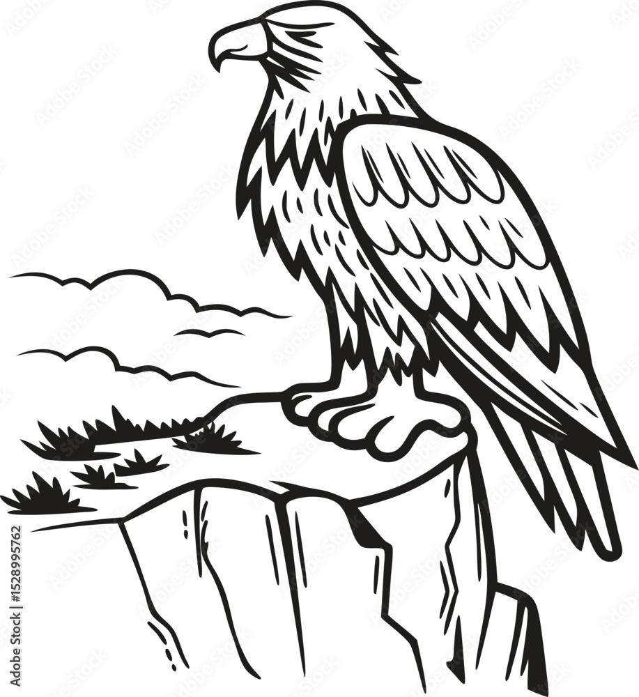 Obraz premium Eagle perched on cliff with clouds majestic bird, nature wildlife illustration